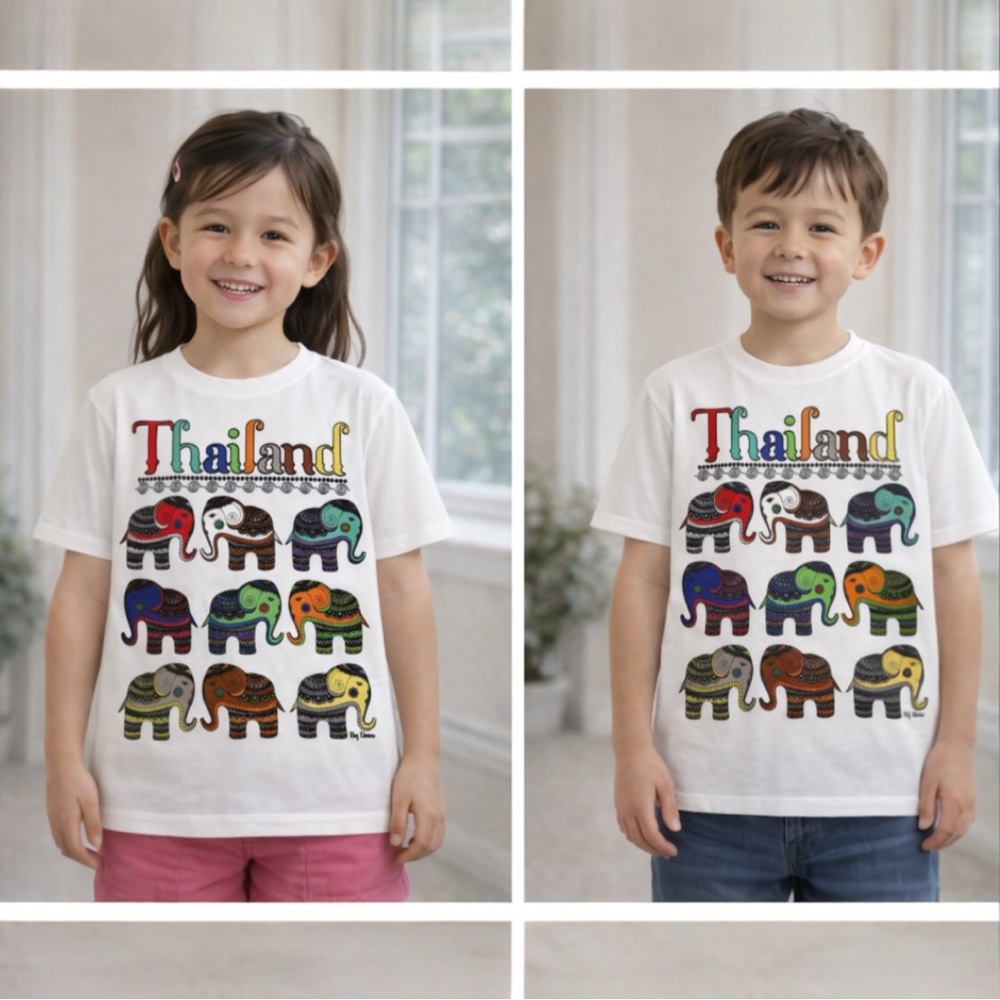 Thailand Elephant Graphic Kids T-Shirt XL Unisex White Travel Souvenir New